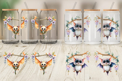 Glass Can Floral Vampire Bat Watercolor Sublimation artnoy 