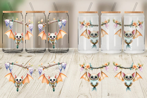 Glass Can Floral Vampire Bat Watercolor Sublimation artnoy 