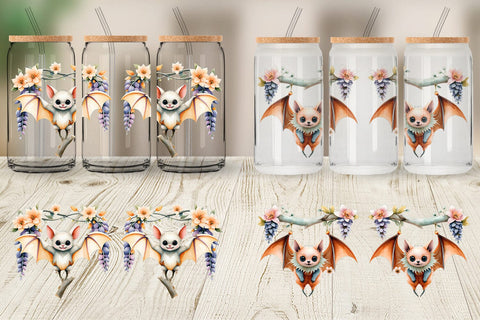 Glass Can Floral Vampire Bat Watercolor Sublimation artnoy 