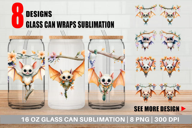 Glass Can Floral Vampire Bat Watercolor Sublimation artnoy 