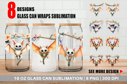 Glass Can Floral Vampire Bat Watercolor Sublimation artnoy 