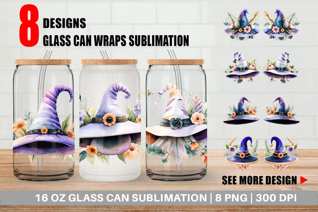 Glass Can Floral Witch Hat Watercolor Sublimation artnoy 