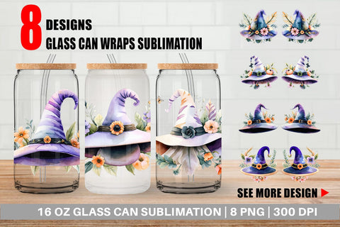 Glass Can Floral Witch Hat Watercolor Sublimation artnoy 