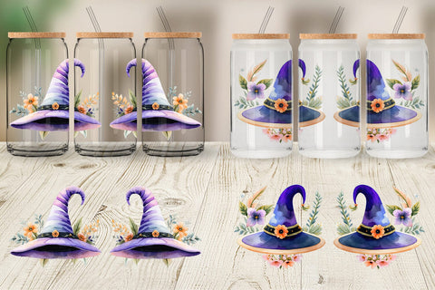 Glass Can Floral Witch Hat Watercolor Sublimation artnoy 