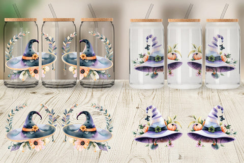 Glass Can Floral Witch Hat Watercolor Sublimation artnoy 