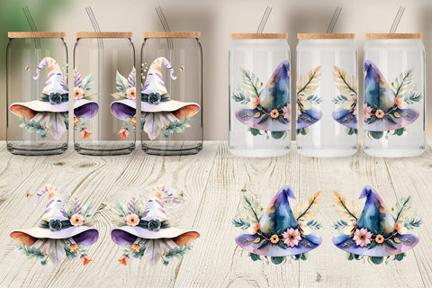 Glass Can Floral Witch Hat Watercolor Sublimation artnoy 