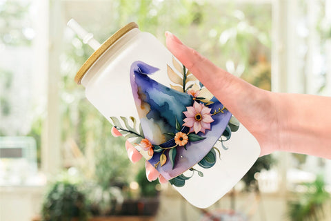 Glass Can Floral Witch Hat Watercolor Sublimation artnoy 