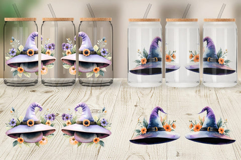 Glass Can Floral Witch Hat Watercolor Sublimation artnoy 