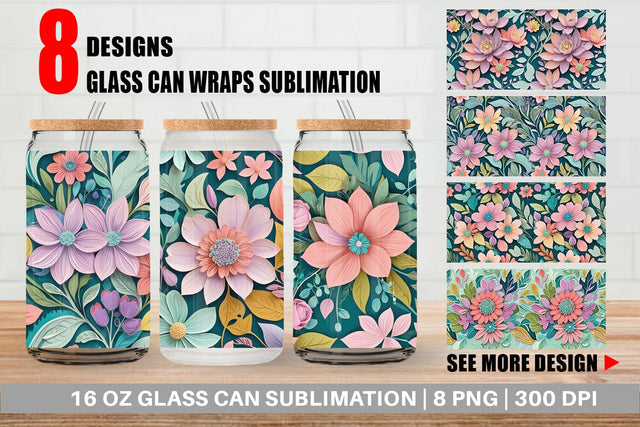 Glass Can Flowers and Leaves Pattern Sublimation artnoy 