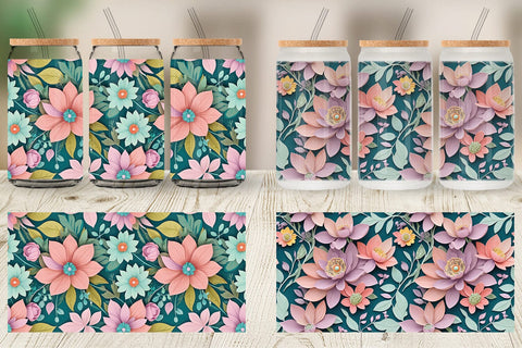 Glass Can Flowers and Leaves Pattern Sublimation artnoy 