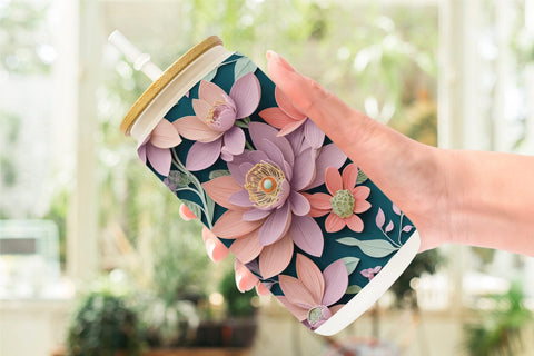 Glass Can Flowers and Leaves Pattern Sublimation artnoy 
