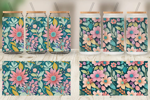 Glass Can Flowers and Leaves Pattern Sublimation artnoy 