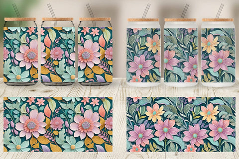 Glass Can Flowers and Leaves Pattern Sublimation artnoy 