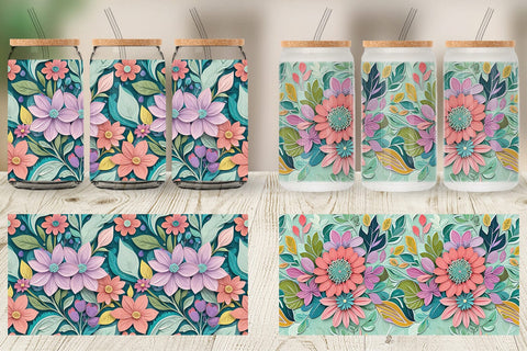 Glass Can Flowers and Leaves Pattern Sublimation artnoy 