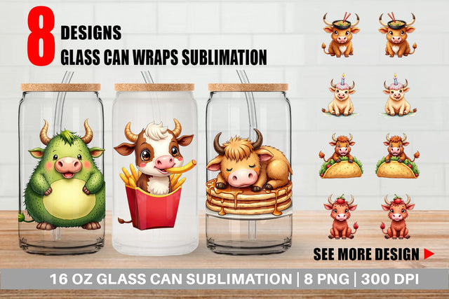 Glass Can Foodie Highland Cow UglyCute Watercolor Treats Sublimation artnoy 