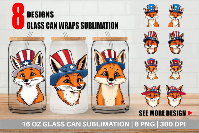 Glass Can Fox Patriotic Sublimation artnoy 