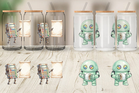 Glass Can Friendly Retro School Robot Watercolor Sublimation artnoy 