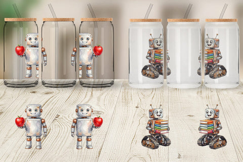 Glass Can Friendly Retro School Robot Watercolor Sublimation artnoy 