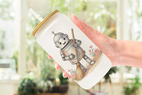 Glass Can Friendly Retro School Robot Watercolor Sublimation artnoy 