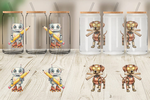 Glass Can Friendly Retro School Robot Watercolor Sublimation artnoy 