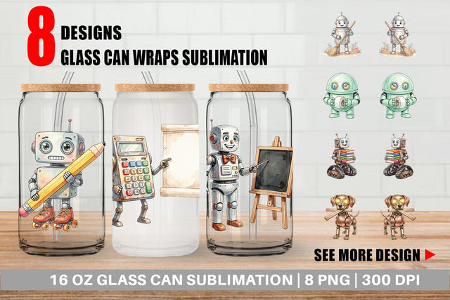 Glass Can Friendly Retro School Robot Watercolor Sublimation artnoy 
