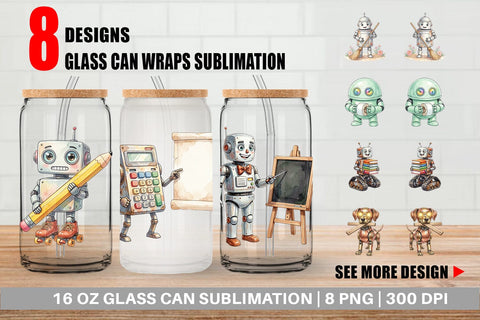Glass Can Friendly Retro School Robot Watercolor Sublimation artnoy 