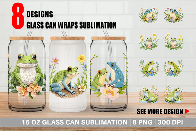 Glass Can Frog Embroidery Sublimation artnoy 