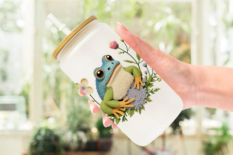 Glass Can Frog Embroidery Sublimation artnoy 
