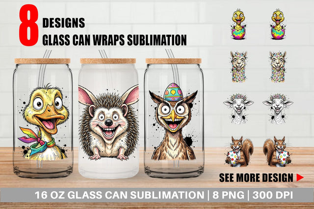 Glass Can Funny Easter Animal Sketch Sublimation artnoy 