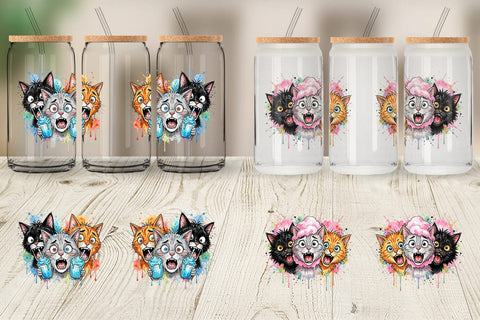 Glass Can Funny Treat Panic Cats Watercolor Sublimation artnoy 