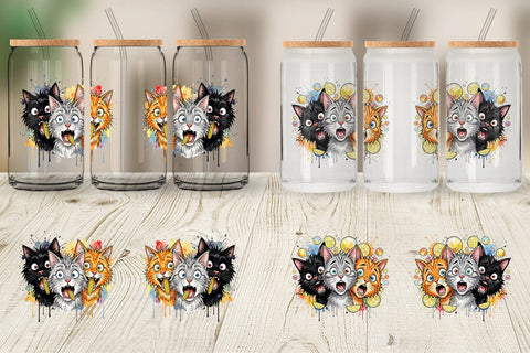 Glass Can Funny Treat Panic Cats Watercolor Sublimation artnoy 