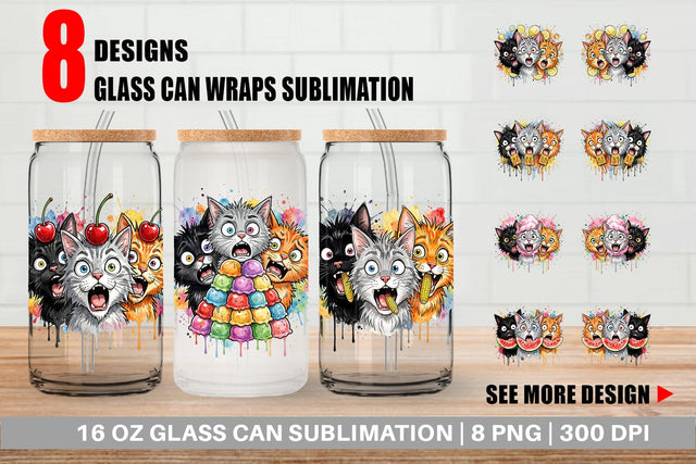 Glass Can Funny Treat Panic Cats Watercolor Sublimation artnoy 