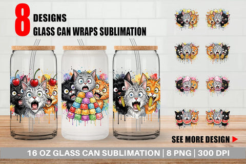 Glass Can Funny Treat Panic Cats Watercolor Sublimation artnoy 