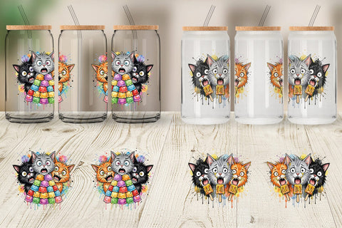 Glass Can Funny Treat Panic Cats Watercolor Sublimation artnoy 