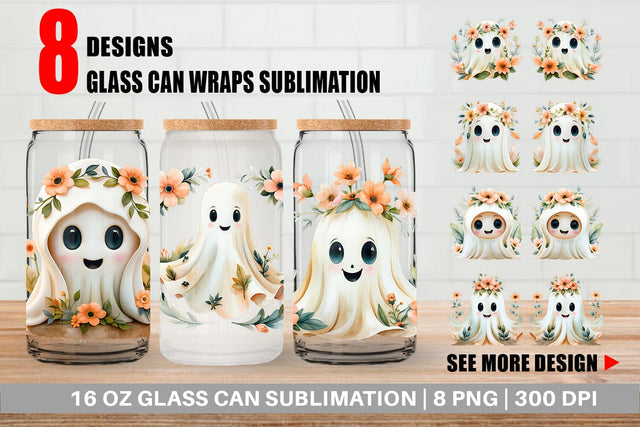 Glass Can Ghost Watercolor Floral Sublimation artnoy 