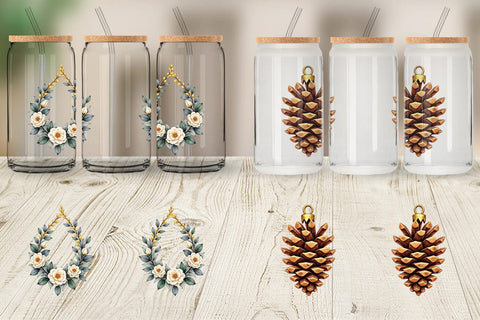 Glass Can Gilded Botanical Watercolor Christmas Sublimation artnoy 