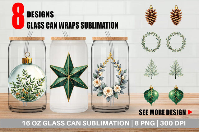 Glass Can Gilded Botanical Watercolor Christmas Sublimation artnoy 