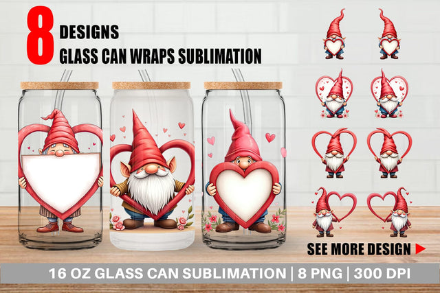 Glass Can Gnome Holding Heart Sublimation artnoy 