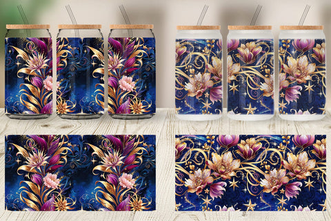 Glass Can Golden Floral Pattern Sublimation artnoy 