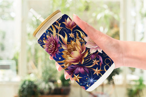 Glass Can Golden Floral Pattern Sublimation artnoy 
