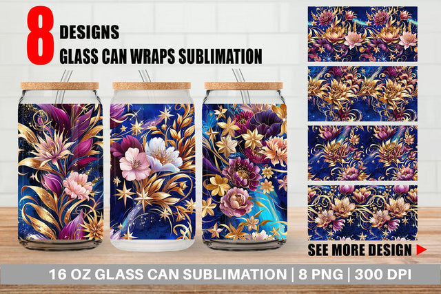 Glass Can Golden Floral Pattern Sublimation artnoy 