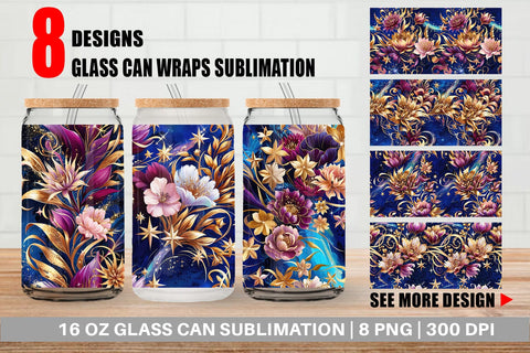 Glass Can Golden Floral Pattern Sublimation artnoy 