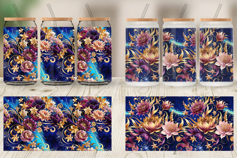 Glass Can Golden Floral Pattern Sublimation artnoy 