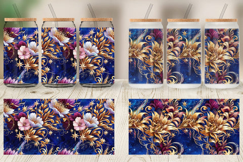 Glass Can Golden Floral Pattern Sublimation artnoy 