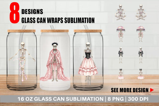 Glass Can Graceful Coquette Skeleton Watercolor Sublimation artnoy 