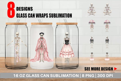 Glass Can Graceful Coquette Skeleton Watercolor Sublimation artnoy 