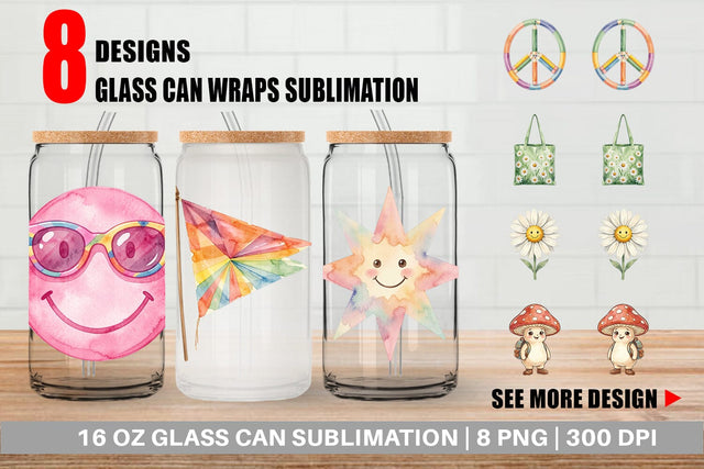 Glass Can Groovy 70s School Nostalgia Watercolor Sublimation artnoy 