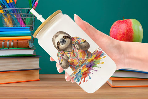 Glass Can Groovy 70s Teacher Animal Watercolor Sublimation artnoy 