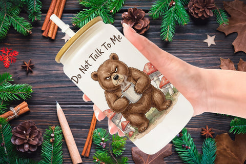 Glass Can Grumpy Bear Badger Hygge Watercolor Sublimation artnoy 