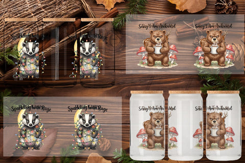 Glass Can Grumpy Bear Badger Hygge Watercolor Sublimation artnoy 